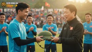 Hành động gây sốt: Hình ảnh Đình Bắc tặng mũ cối cho HLV Kim Sang-sik lan truyền mạnh mẽ trên mạng xã hội